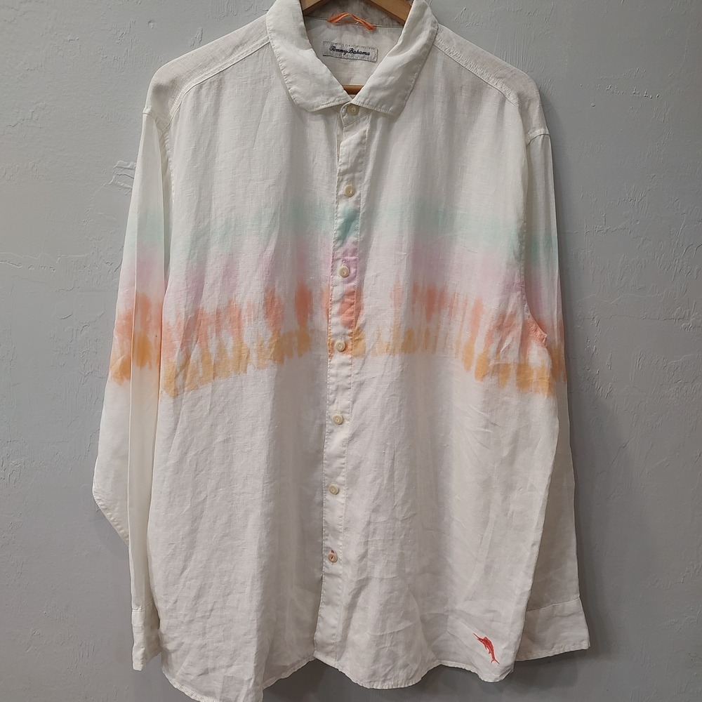 Tommy Bahama Mens XL White 100% Linen Long Sleeve Button Down Dobby Shirt
